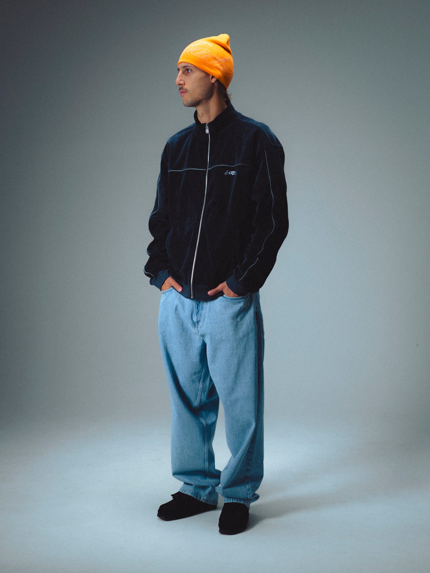 REFLECTIVE VELVET ZIPPER JACKET - NAVY