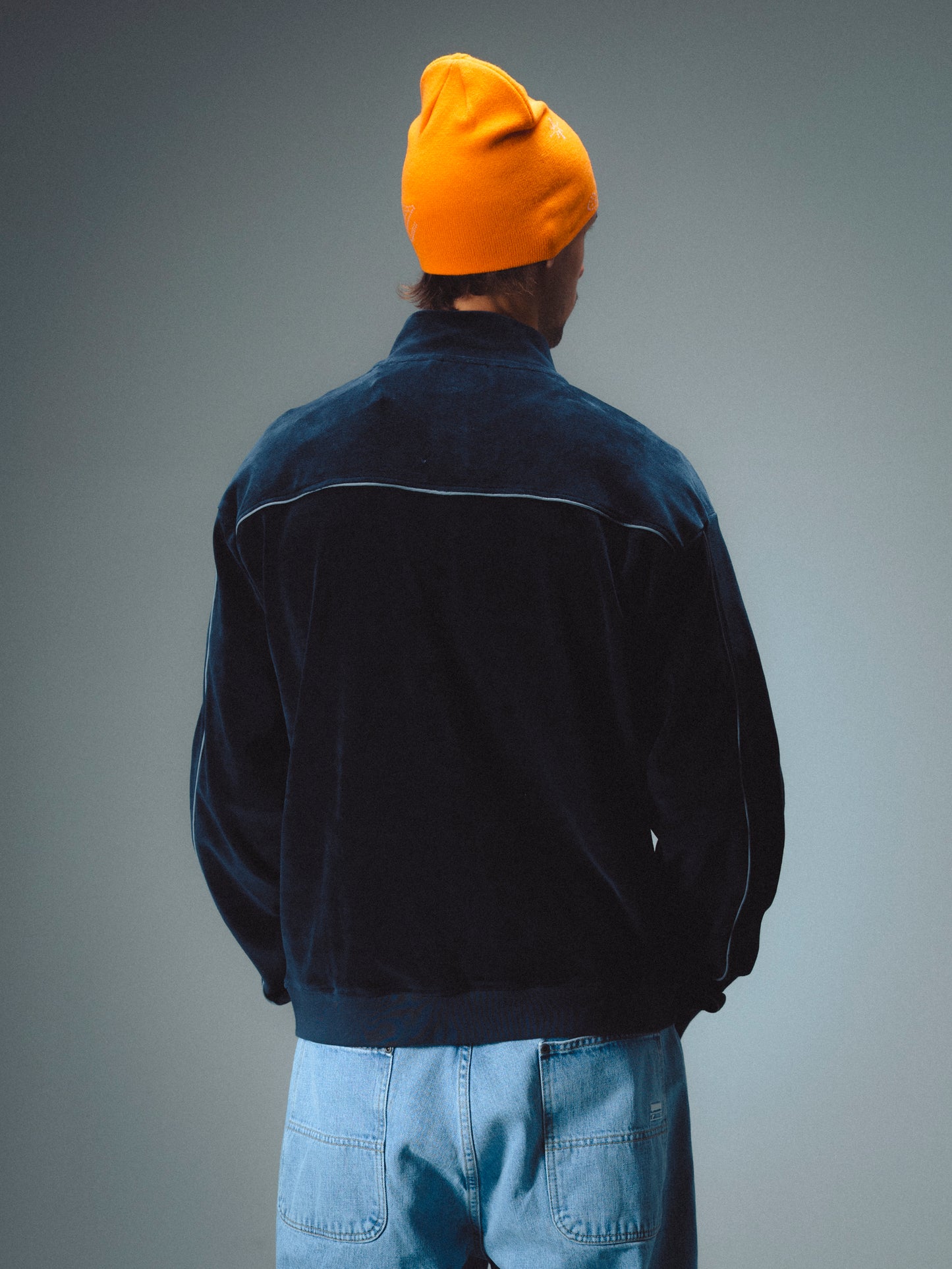 REFLECTIVE VELVET ZIPPER JACKET - NAVY