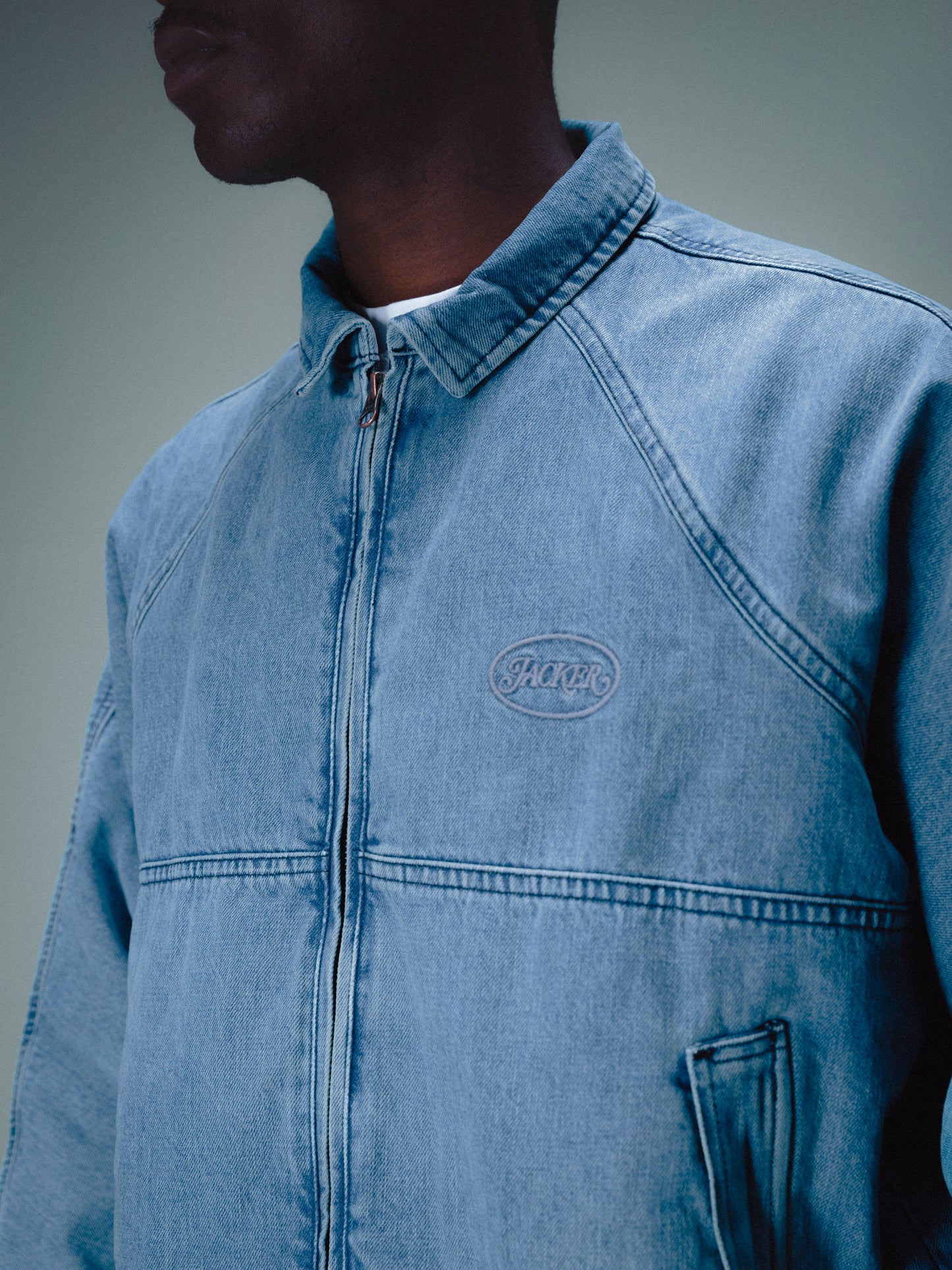 STAMP DYED BOMBER DENIM JACKET - BLUE