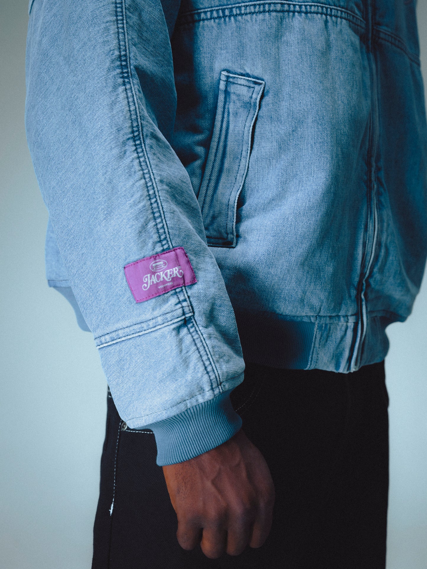 STAMP DYED BOMBER DENIM JACKET - BLUE