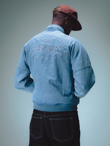 STAMP DYED BOMBER DENIM JACKET - BLUE