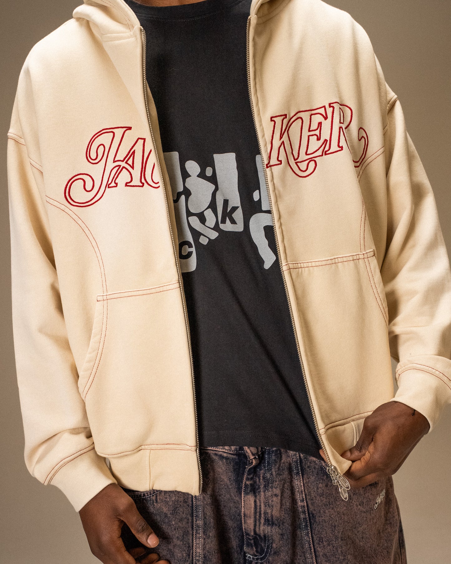 ROUGH GARMENT DYED PREMIUM HOODIE ZIP - BEIGE