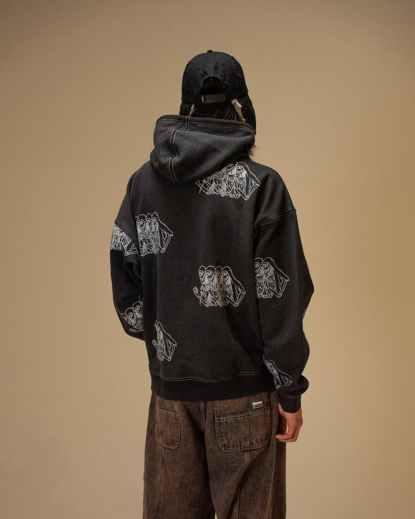SKELETON HOODIE GARMENT DYED - BLACK
