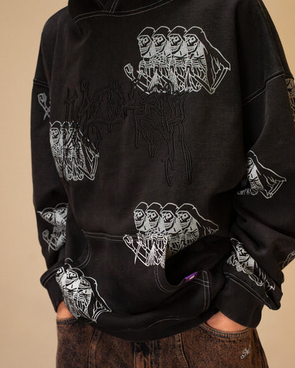 SKELETON HOODIE GARMENT DYED - BLACK