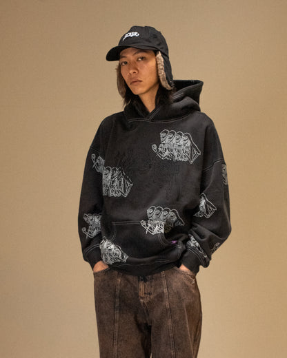 SKELETON HOODIE GARMENT DYED - BLACK