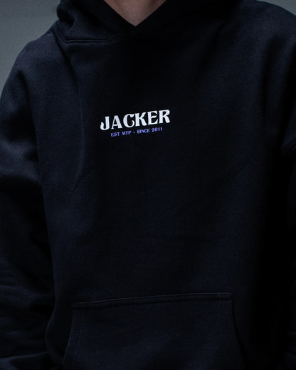 Sweat à capuche Jacker Purple Potion Light noir — détail du produit porté